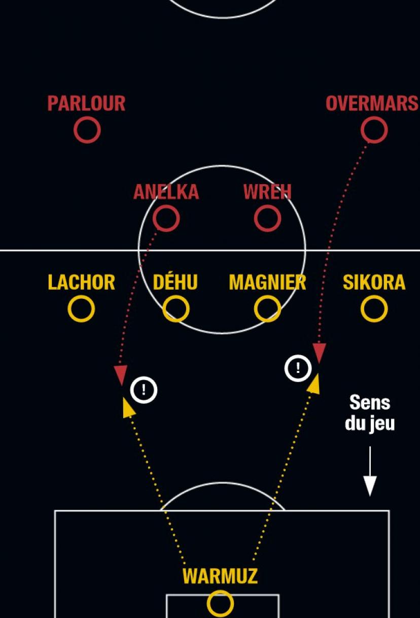 Guillaume Warmuz making a crucial intervention to stop Arsenal's attack.