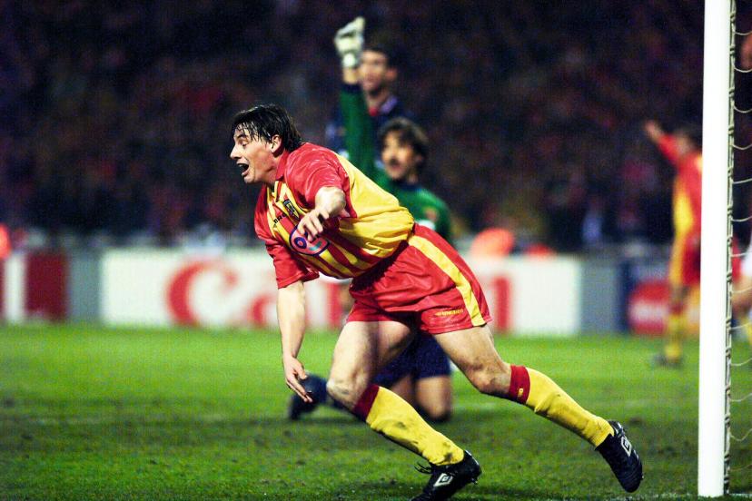 Mickaël Debève scoring the winning goal as David Seaman looks on.