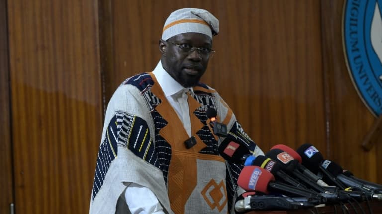 Senegalese Prime Minister Ousmane Sonko delivers a speech at Cheikh Anta Diop University in Dakar on May 16, 2024