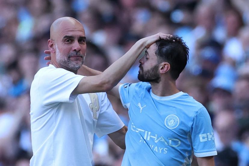 Pep Guardiola shares a moment of emotion as Bernardo Silva is replaced, the player he has managed more than any other at Manchester City.
