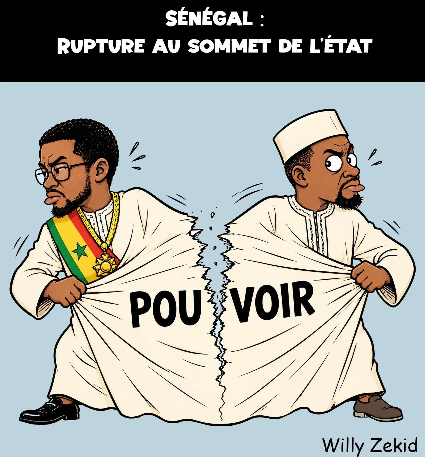 A satirical illustration depicting Ousmane Sonko and Bassirou Diomaye Faye tearing apart a garment labeled 'pouvoir' (power), symbolizing their shattered alliance.