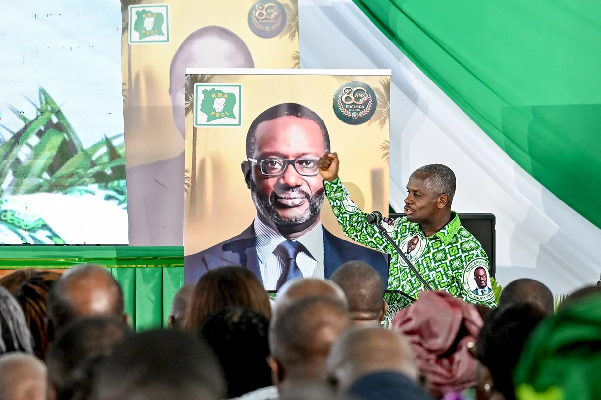 Calice Yapo Yapo, the PDCI's executive secretary, during the party's 80th anniversary celebration on April 9, 2026, in Abidjan.