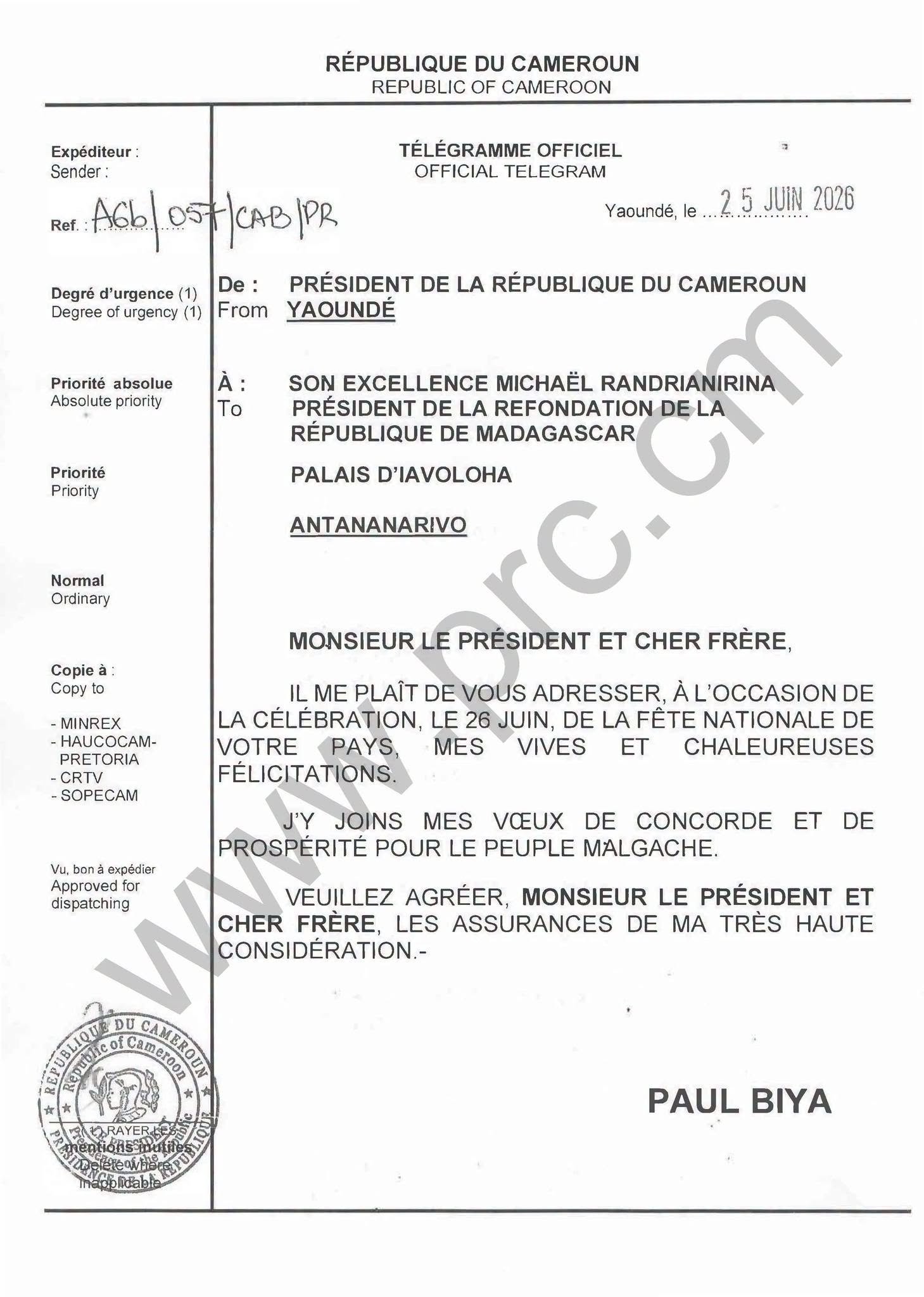 Official message of congratulations from President Paul Biya to His Excellency Michaël Randrianirina, on the occasion of the national day of the Republic of Madagascar, 26 June 2026.