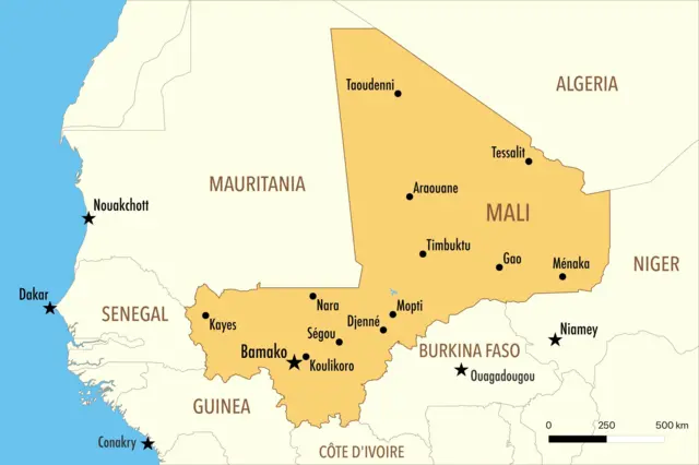 Map of Mali showing major cities including Gao, Tombouctou, Kidal, and Ménaka