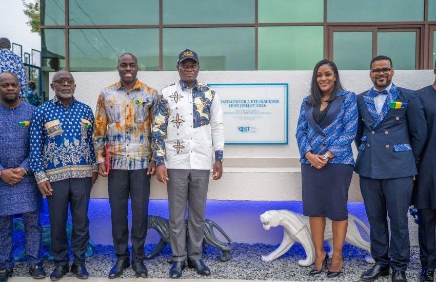 Gabonese leaders and company executives at the Nkok data center inauguration