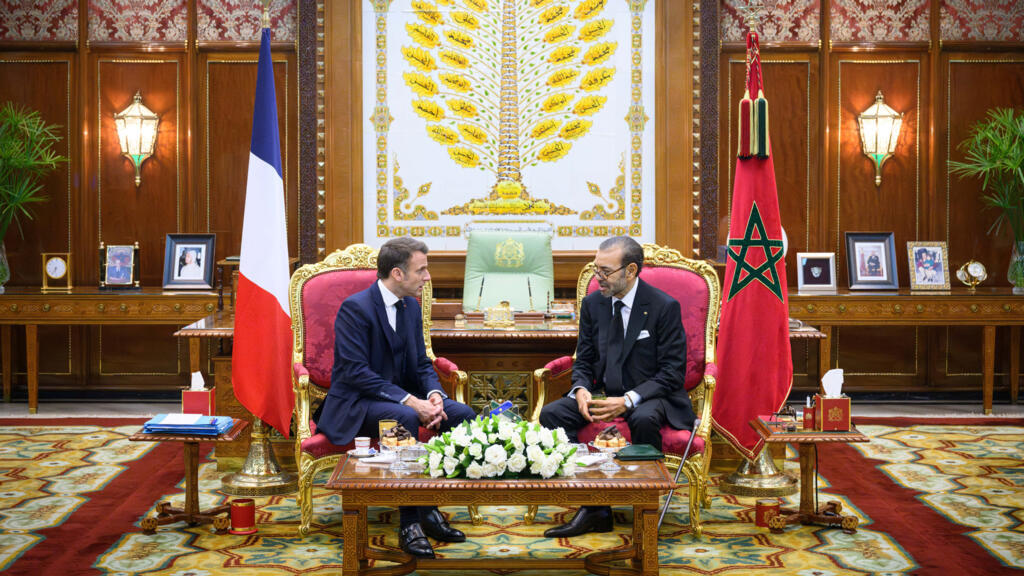 French President Emmanuel Macron welcomed by Morocco's King Mohammed VI in Rabat