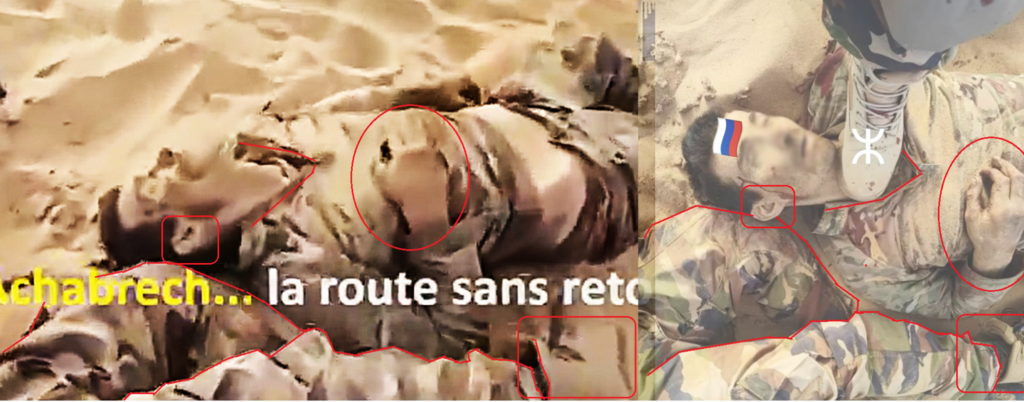 The analysis of body positions, hand placement, and facial features helped match the scene from which the misleading image was taken.