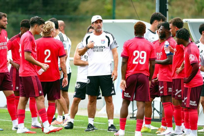 Paulo Fonseca with players during Lyon's 6-3 friendly win over FC Saint-Gall on July 11