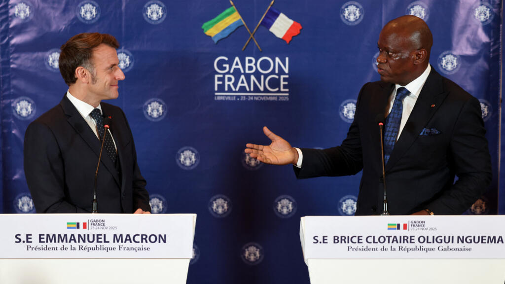 French and Gabonese presidents Emmanuel Macron and Brice Oligui Nguema during a joint press conference in Libreville, November 23, 2025.