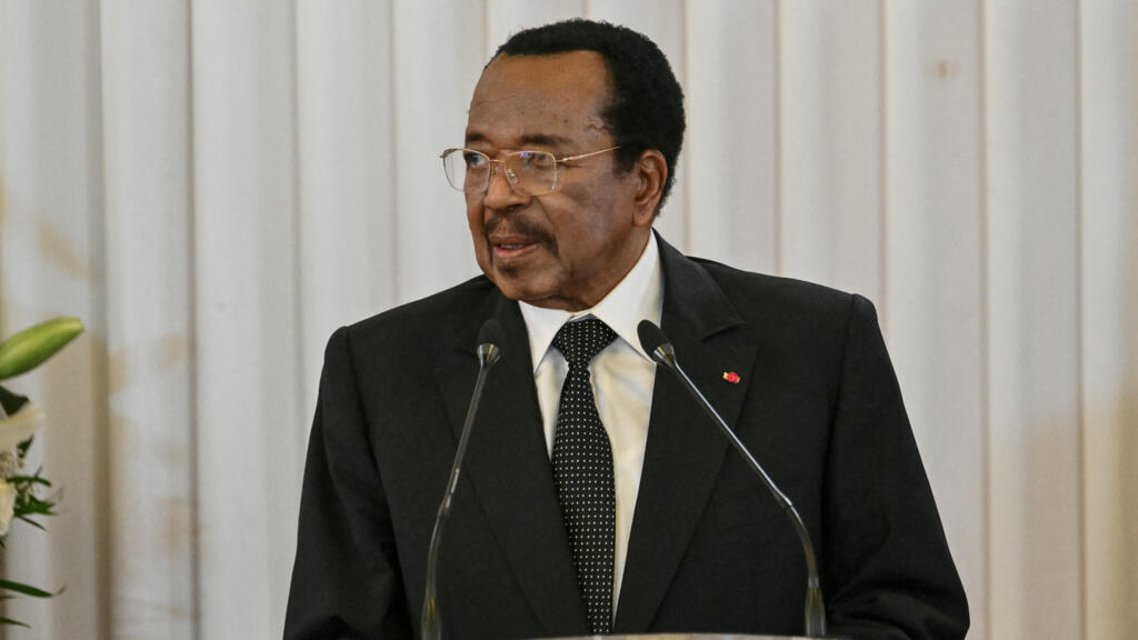 Cameroon President Paul Biya delivers a speech alongside Pope Leo XIV (off-camera) at the presidential palace in Yaoundé, during the third day of an 11-day apostolic journey in Africa, April 15, 2026.