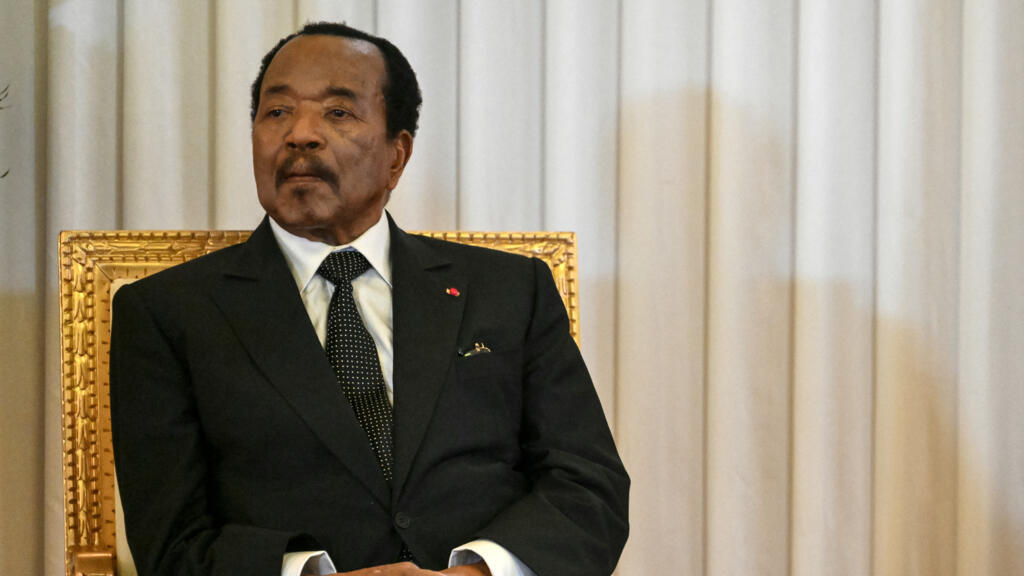 Cameroon's president Paul Biya listens to Pope Leo XIV (off-screen) deliver a speech at the presidential palace in Yaoundé, during the third day of an 11-day apostolic journey to Africa, on April 15, 2026.