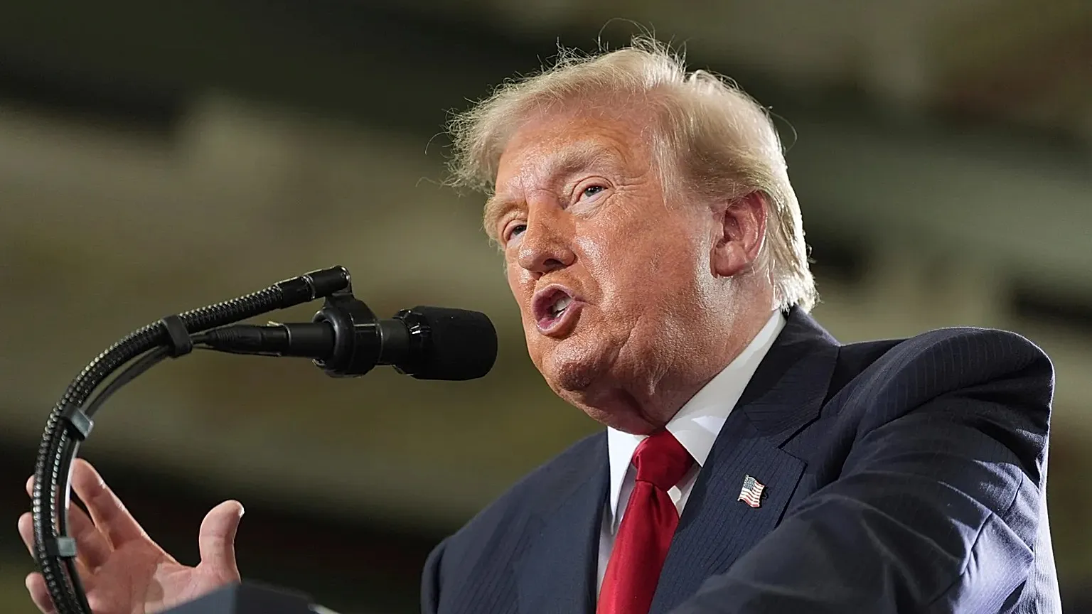 U.S. President Donald Trump speaking at General Motors proving grounds in Milford, Michigan, on July 27, 2026 (AP Photo/Alex Brandon)