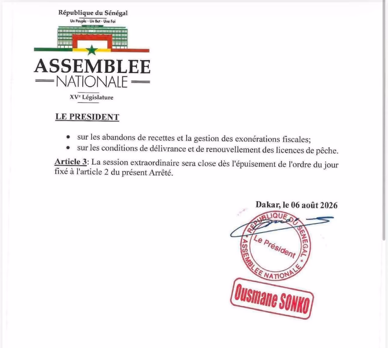 Sénégal National Assembly session: decree signed by Ousmane Sonko published