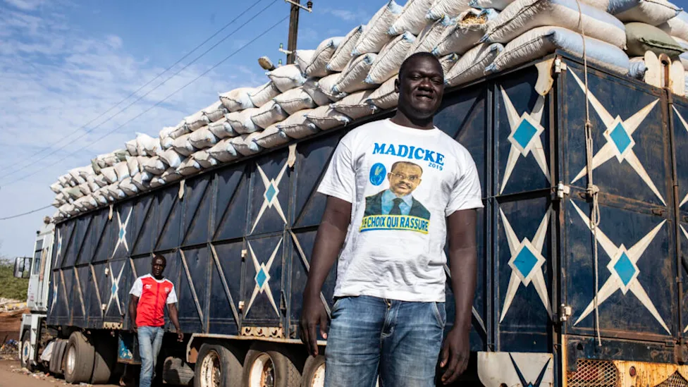 Long line of trucks waiting at Senegal-Mali border checkpoint