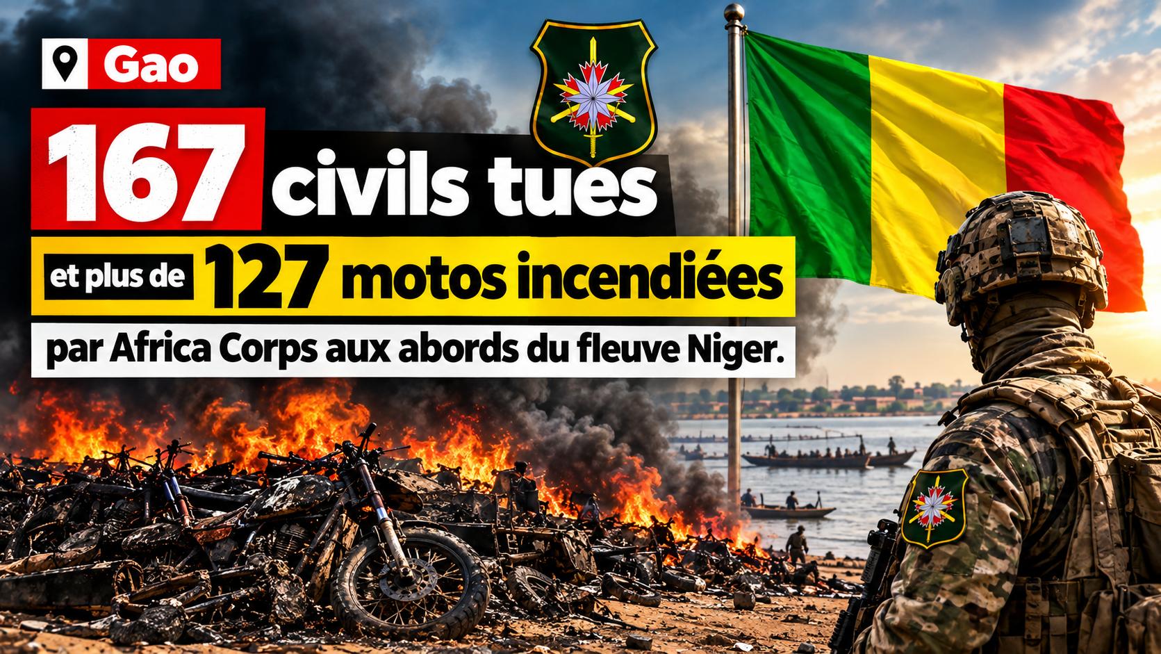 Gao massacre: 167 civilians killed and 127 motorcycles torched by Africa Corps near the Niger river